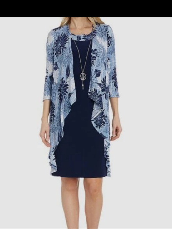 R&M Richards Dresses & Skirts - R&M Richards 2PC Dress Set Size 10 Navy Blue Floral Jacket Overlay Necklace NWT